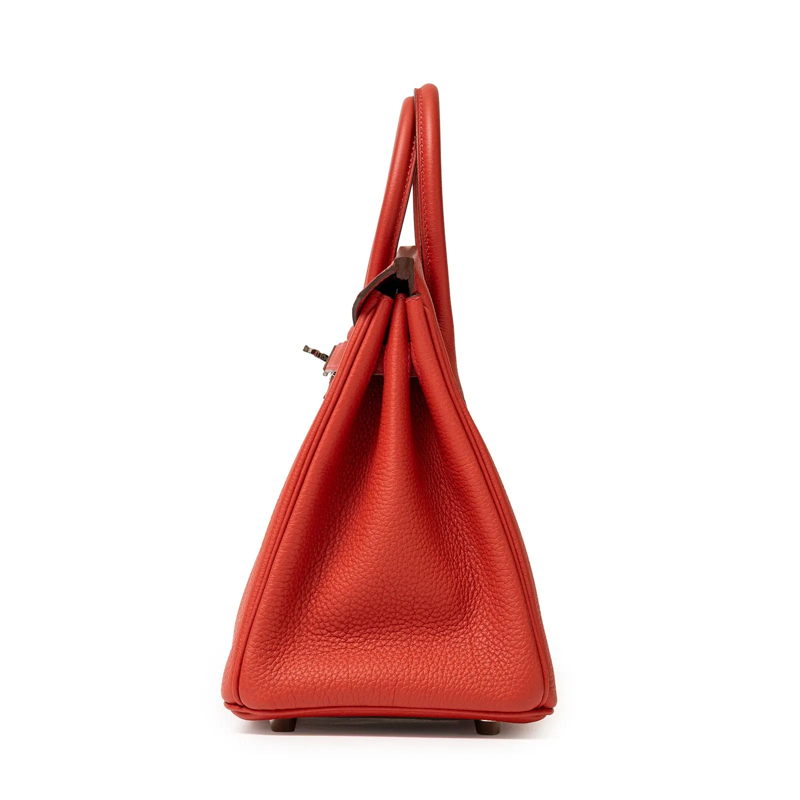 Side view of Hermès Birkin 25 Geranium Togo leather with palladium hardware showing texture and handle drop.