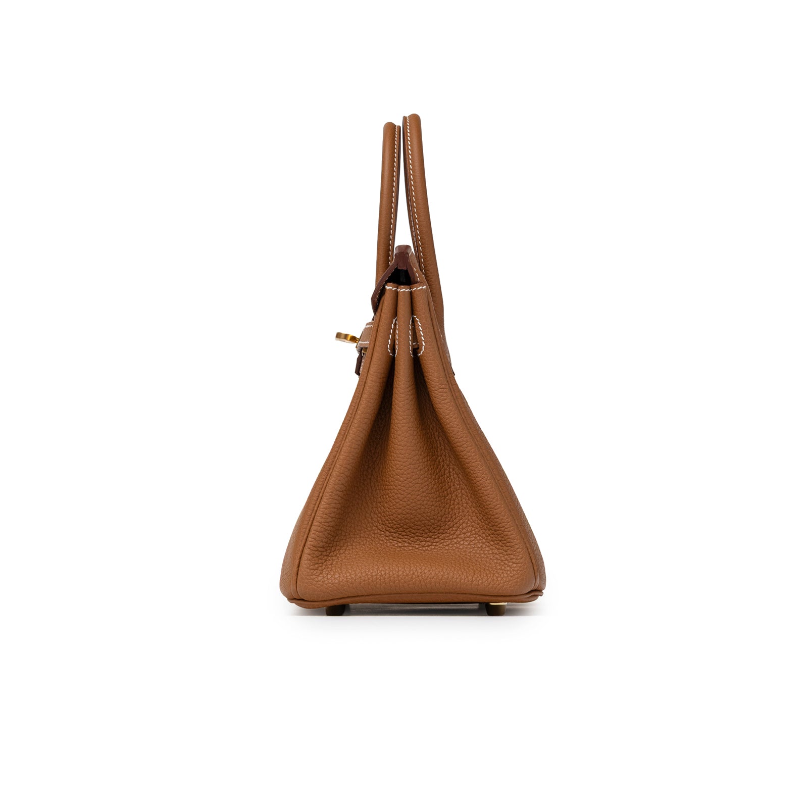 Side profile of Hermès Birkin 25 Gold Togo Gold Hardware showing textured leather and stitching details