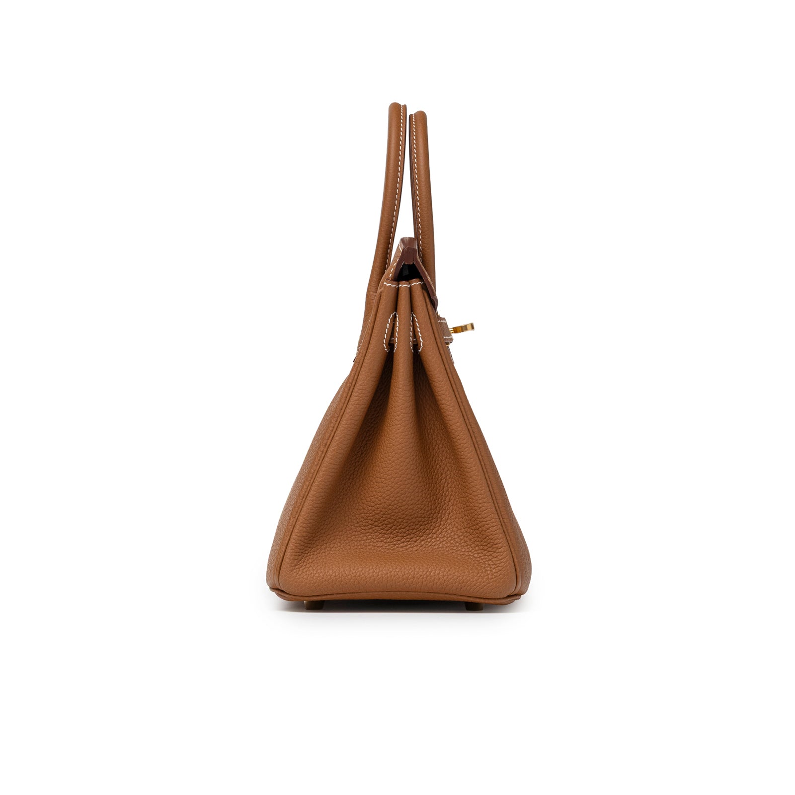 Side profile of Hermès Birkin 25 Gold Togo Gold Hardware with visible leather grain and clean stitching