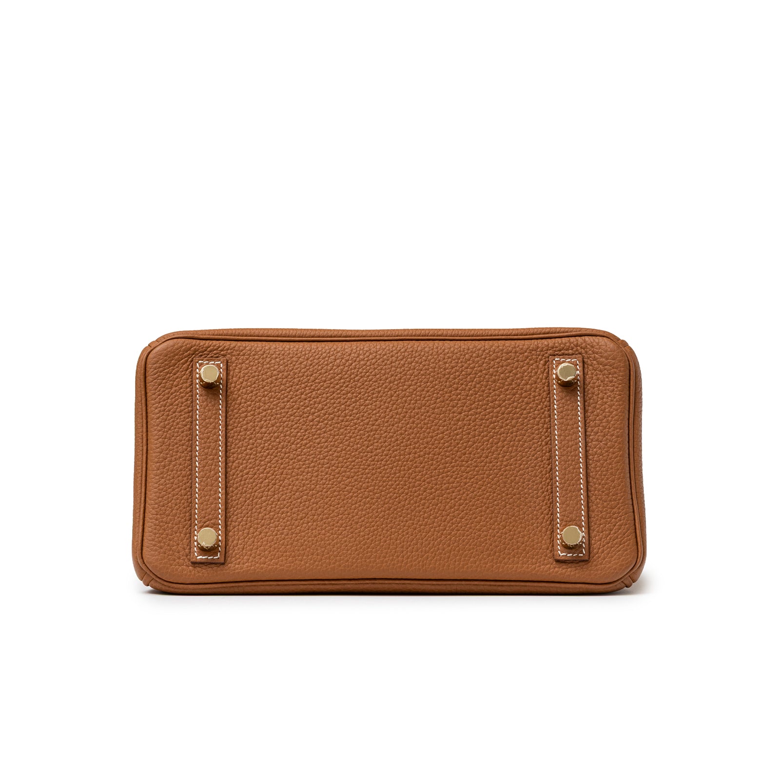 Bottom view of Hermès Birkin 25 Gold Togo Gold Hardware showing textured leather and gold feet details