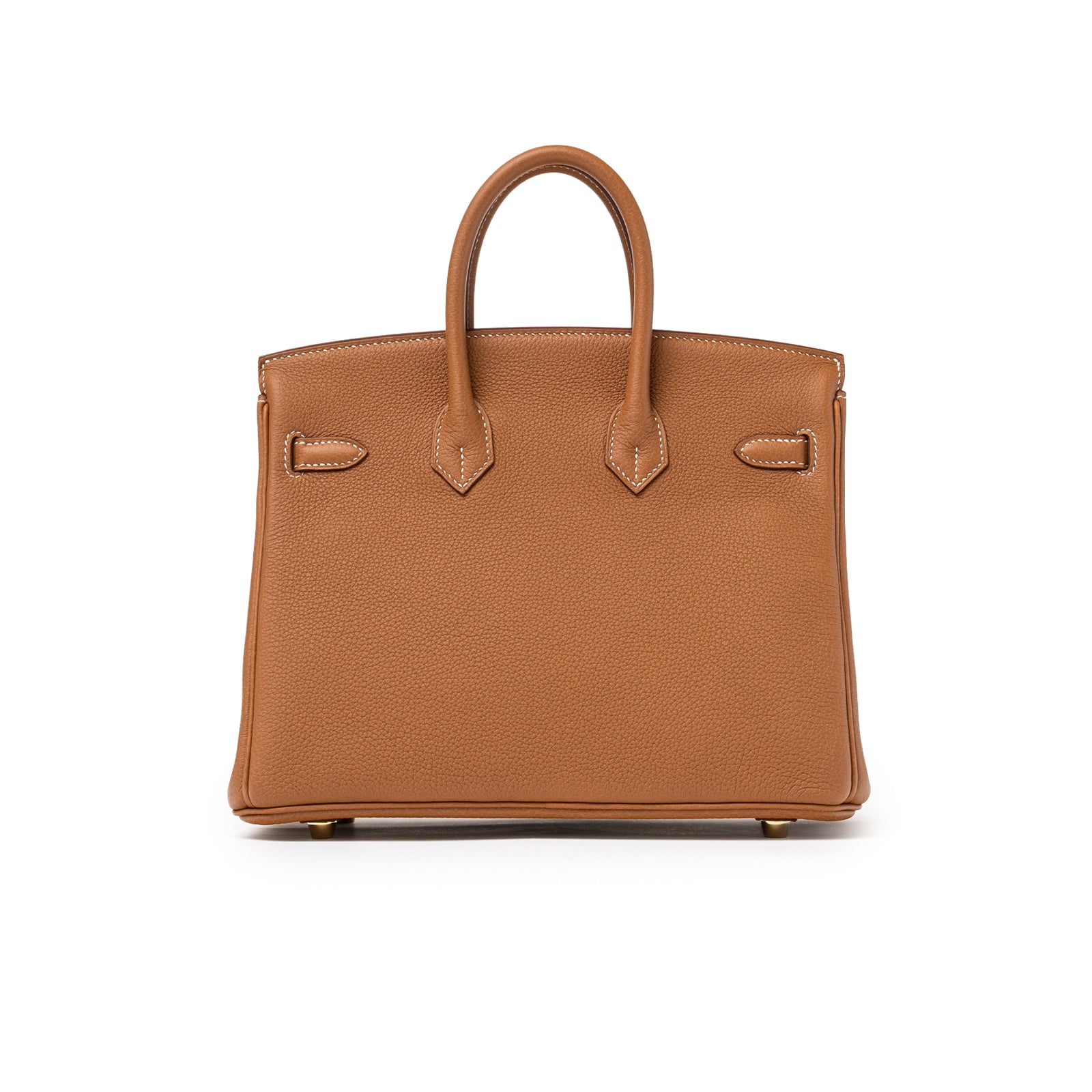 Back view of Hermès Birkin 25 Gold Togo Gold Hardware handbag showing smooth grain leather and structured handles