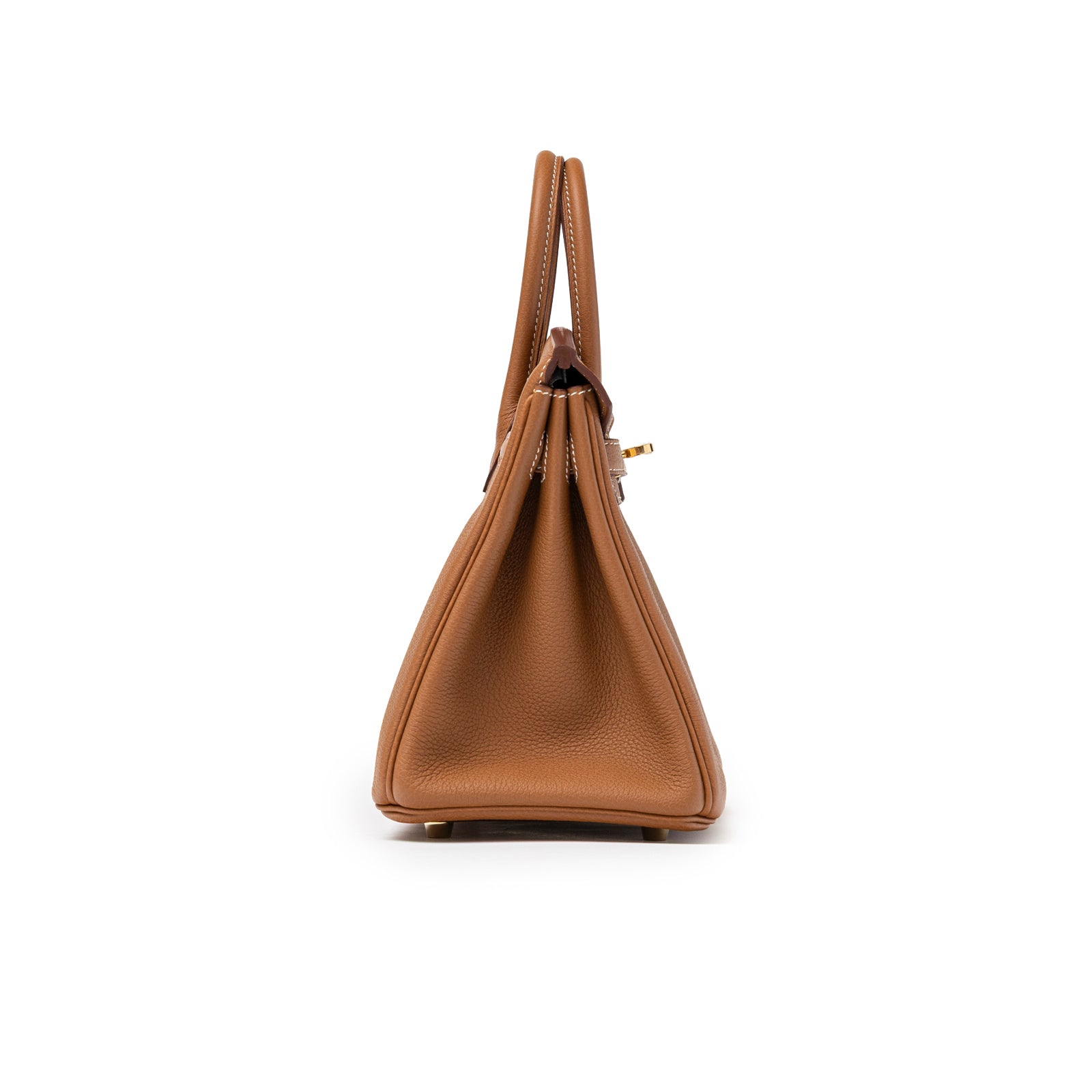 Side profile of Hermès Birkin 25 Gold Togo Gold Hardware showcasing textured leather and gold accents