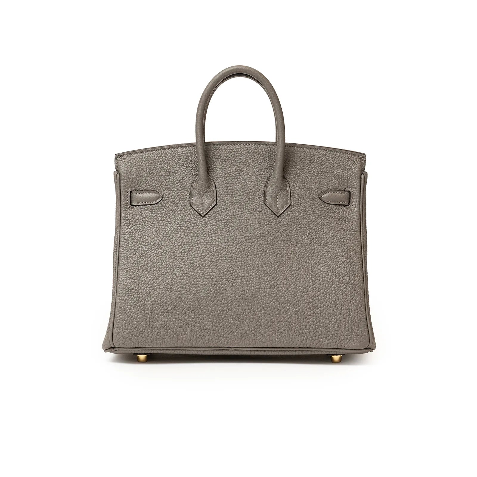 Back view of Hermès Birkin 25 in gris meyer togo leather with gold hardware and structured silhouette