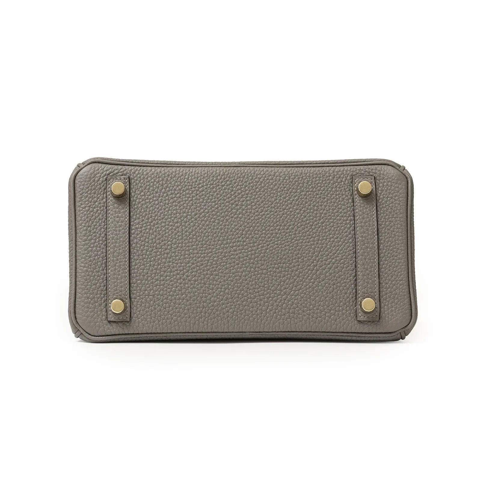 Bottom view of Hermès Birkin 25 in Gris Meyer Togo leather showcasing gold hardware feet and textured finish