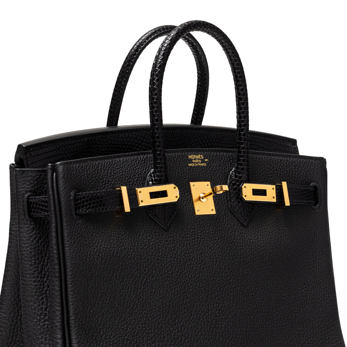 Hermès Birkin 25 Touch Black Togo Lizard Gold Hardware front close-up with top handles and turn lock