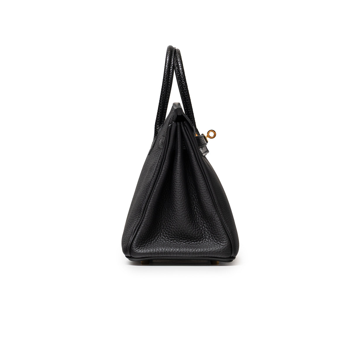 Hermès Birkin 25 Touch Black Togo Lizard Gold Hardware side view with structured gusseted silhouette
