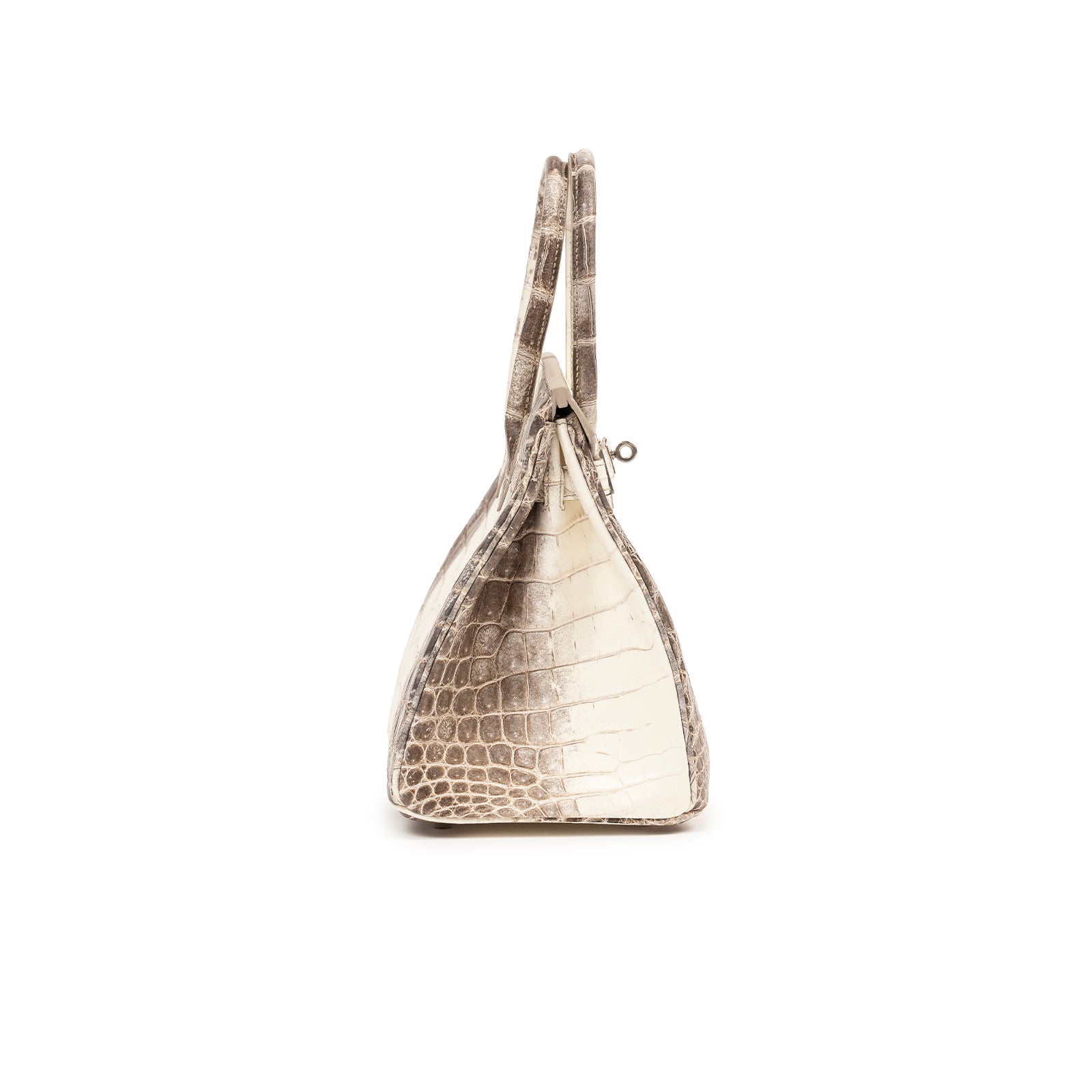 Side view of Hermès Himalaya Birkin 30 Matte Niloticus Crocodile Palladium Hardware in natural gradient tones