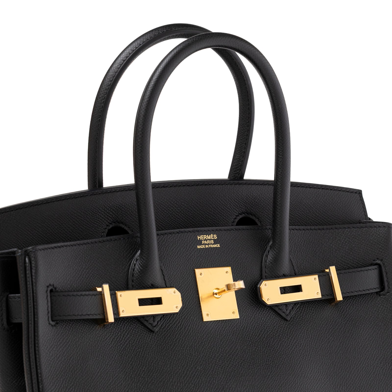 Close-up of Hermès Birkin 30 Black Epsom Gold Hardware showing lock detail and smooth structured handles