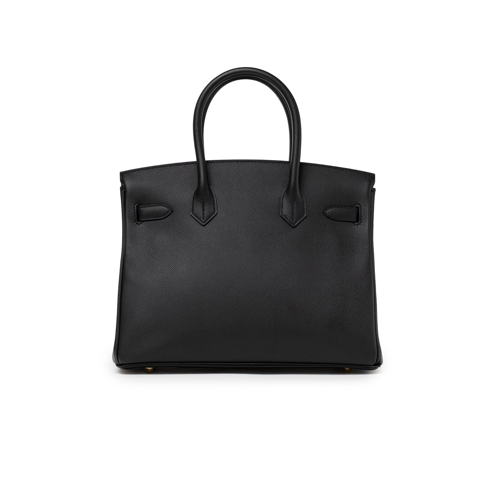 Back view of Hermès Birkin 30 Black Epsom Gold Hardware purse highlighting smooth leather and structured handles