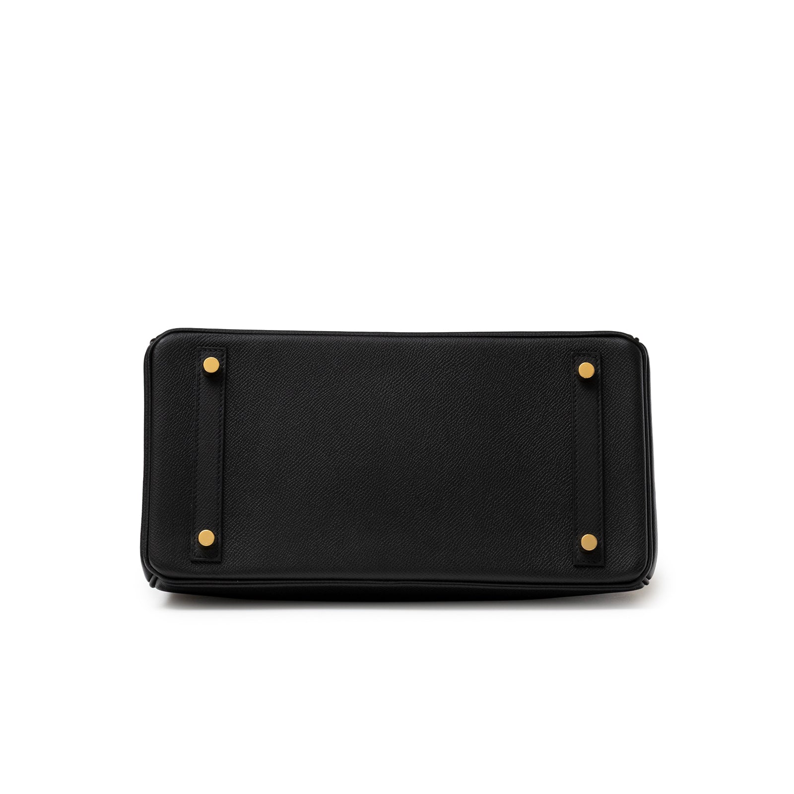 Bottom view of Hermès Birkin 30 Black Epsom Gold Hardware showing leather texture and gold feet studs detail