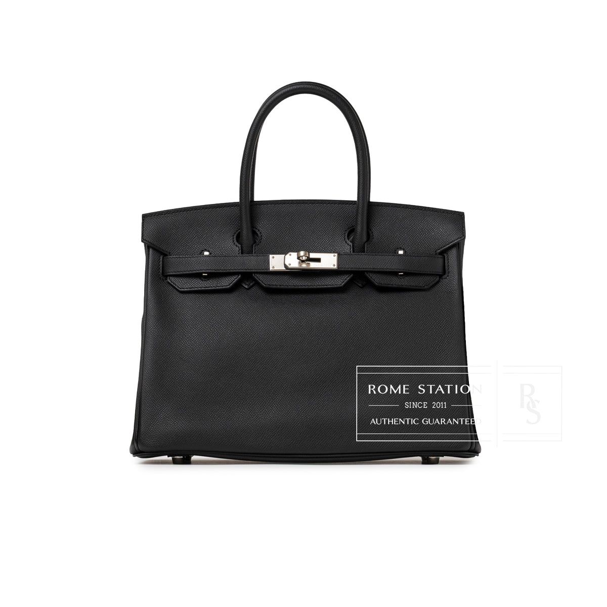 Front view of Hermès Birkin 30 Black Epsom Palladium Hardware with smooth leather and silver clasp detail