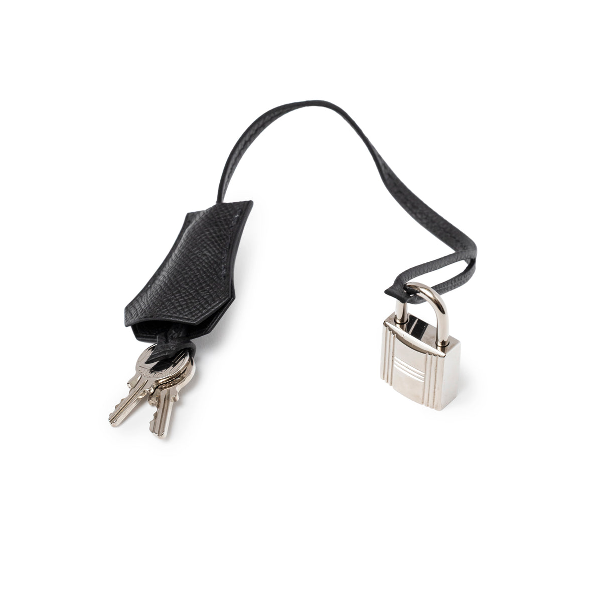 Close-up of Hermès Birkin 30 Black Epsom Palladium Hardware leather clochette with keys and lock detail