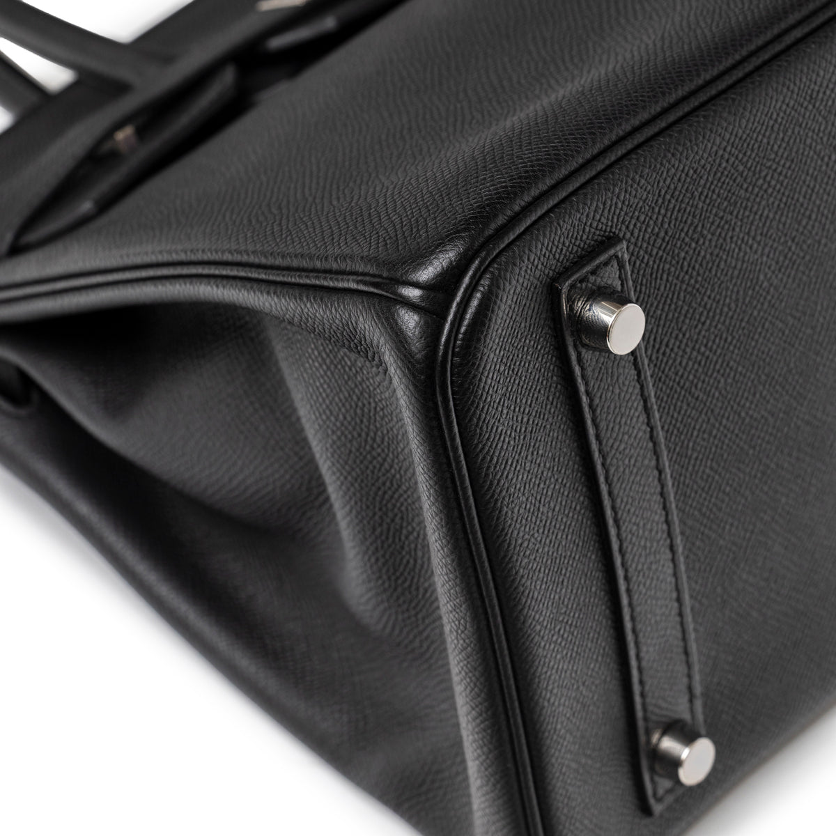 Close-up of Hermès Birkin 30 Black Epsom Palladium Hardware showing bottom corner