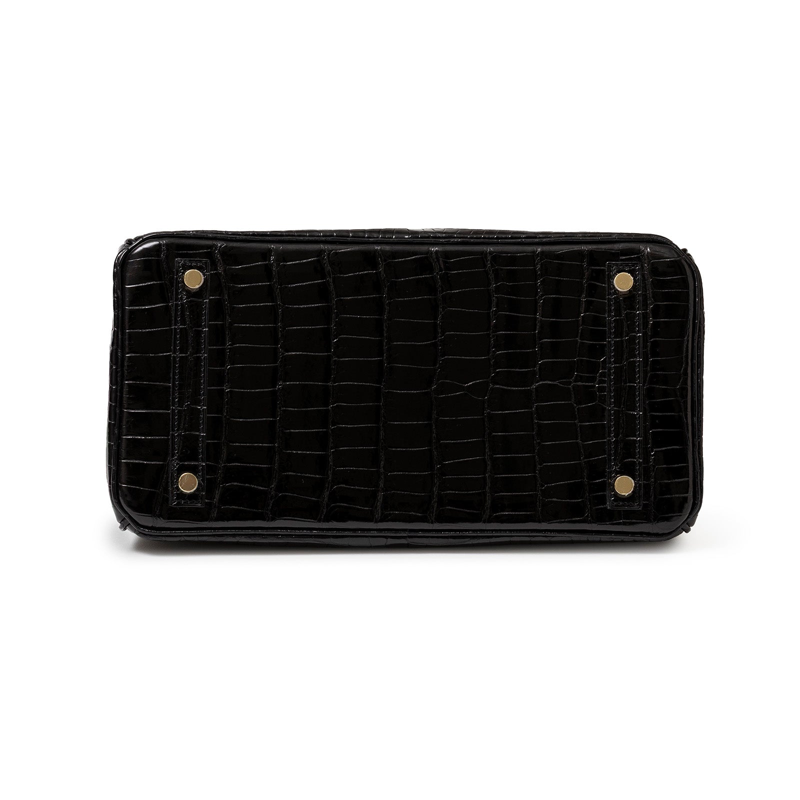 Bottom view of Hermès Birkin 30 Black Shiny Porosus Crocodile with gold hardware showing base detail.