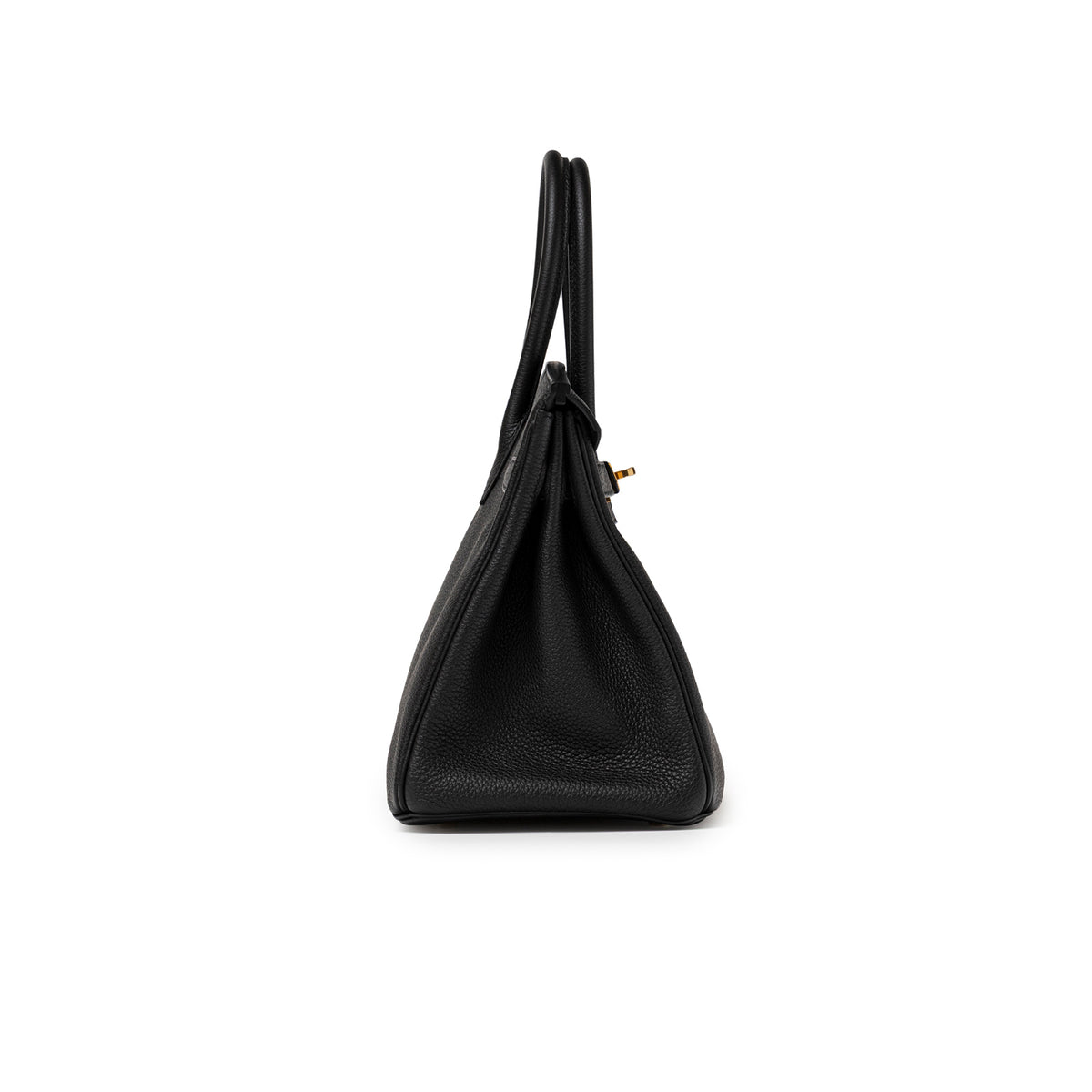 Side angle of Hermès Birkin 30 Black Togo Gold Hardware highlighting structured leather and gold clasp edge detail