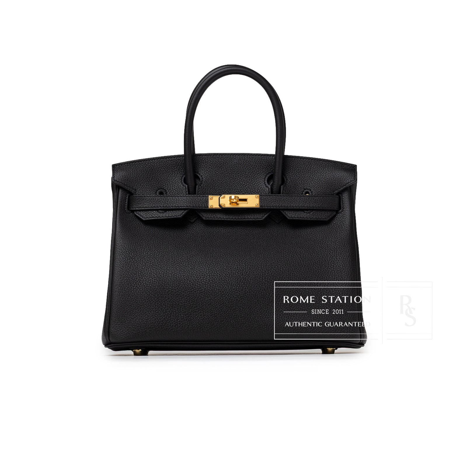 Front view of Hermès Birkin 30 Black Togo Gold Hardware highlighting smooth textured leather and clasp detail