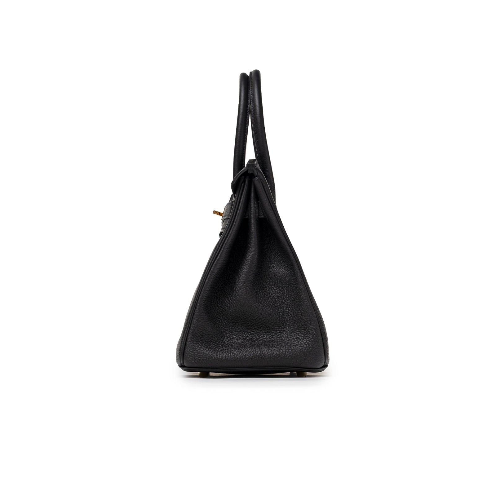 Side profile of Hermès Birkin 30 Black Togo Gold Hardware showcasing textured leather and structured handles