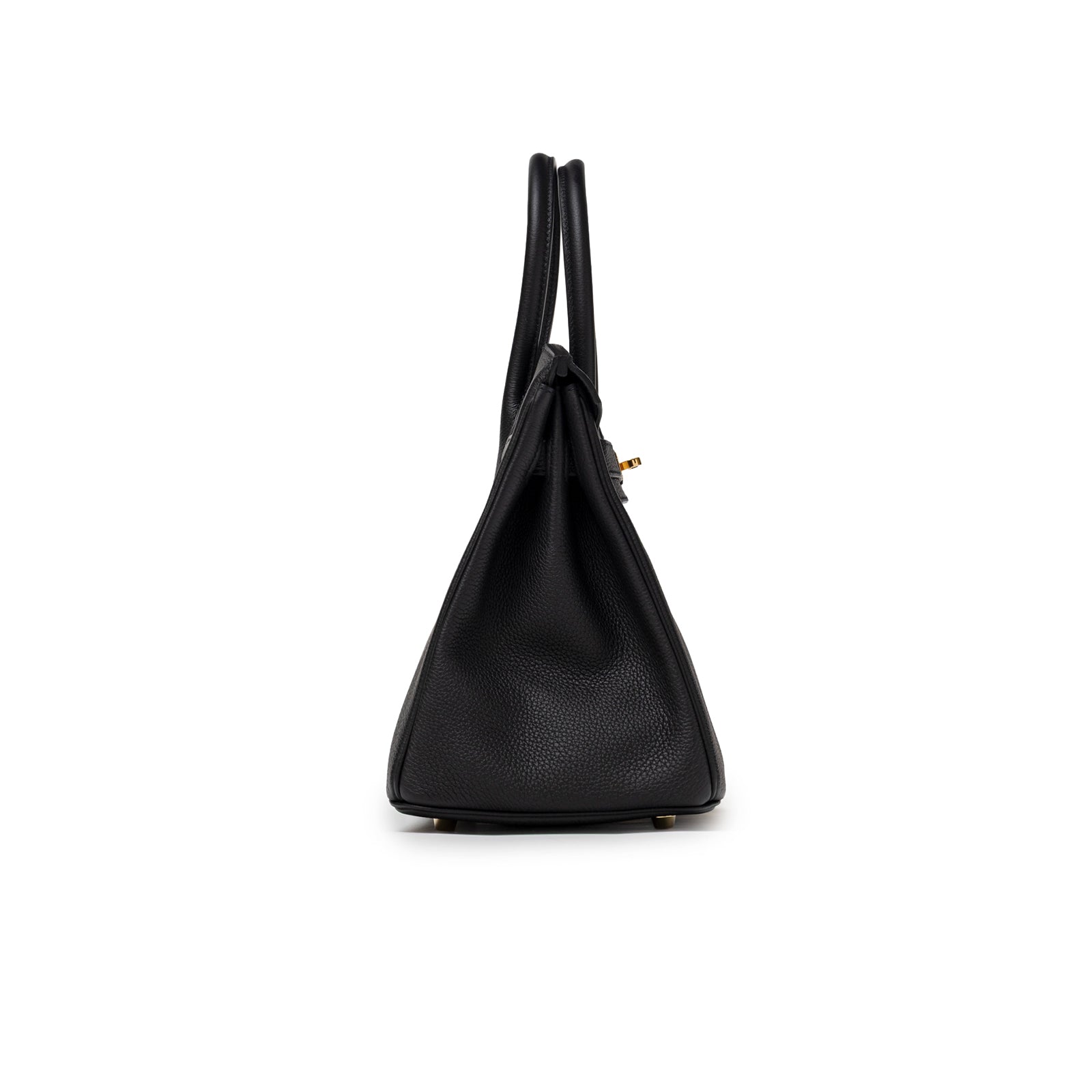Side profile of Hermès Birkin 30 Black Togo Gold Hardware showing textured leather and structured silhouette