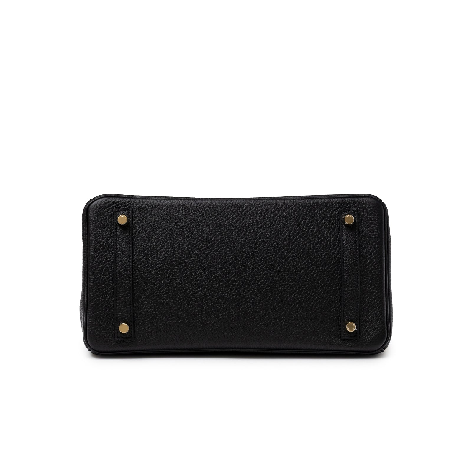 Bottom view of Hermès Birkin 30 Black Togo Gold Hardware showcasing textured leather and protective gold feet
