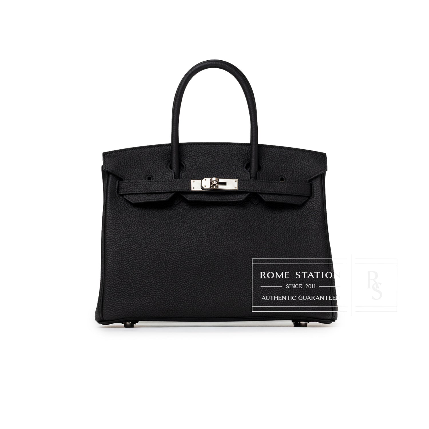 Front view of Hermès Birkin 30 Black Togo Palladium Hardware showcasing textured leather and clasp details