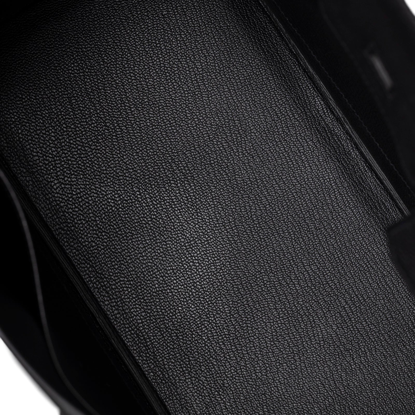 Interior close-up of Hermès Birkin 30 Black Togo Palladium Hardware showing textured leather lining detail