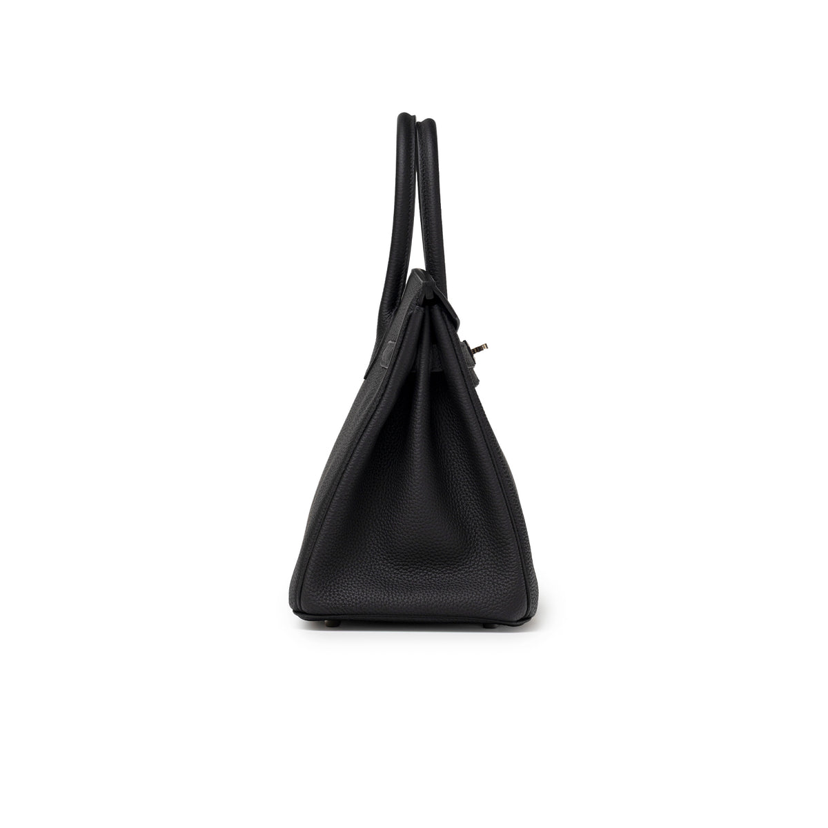Side profile of Hermès Birkin 30 Black Togo Palladium Hardware showing textured leather and handles detail