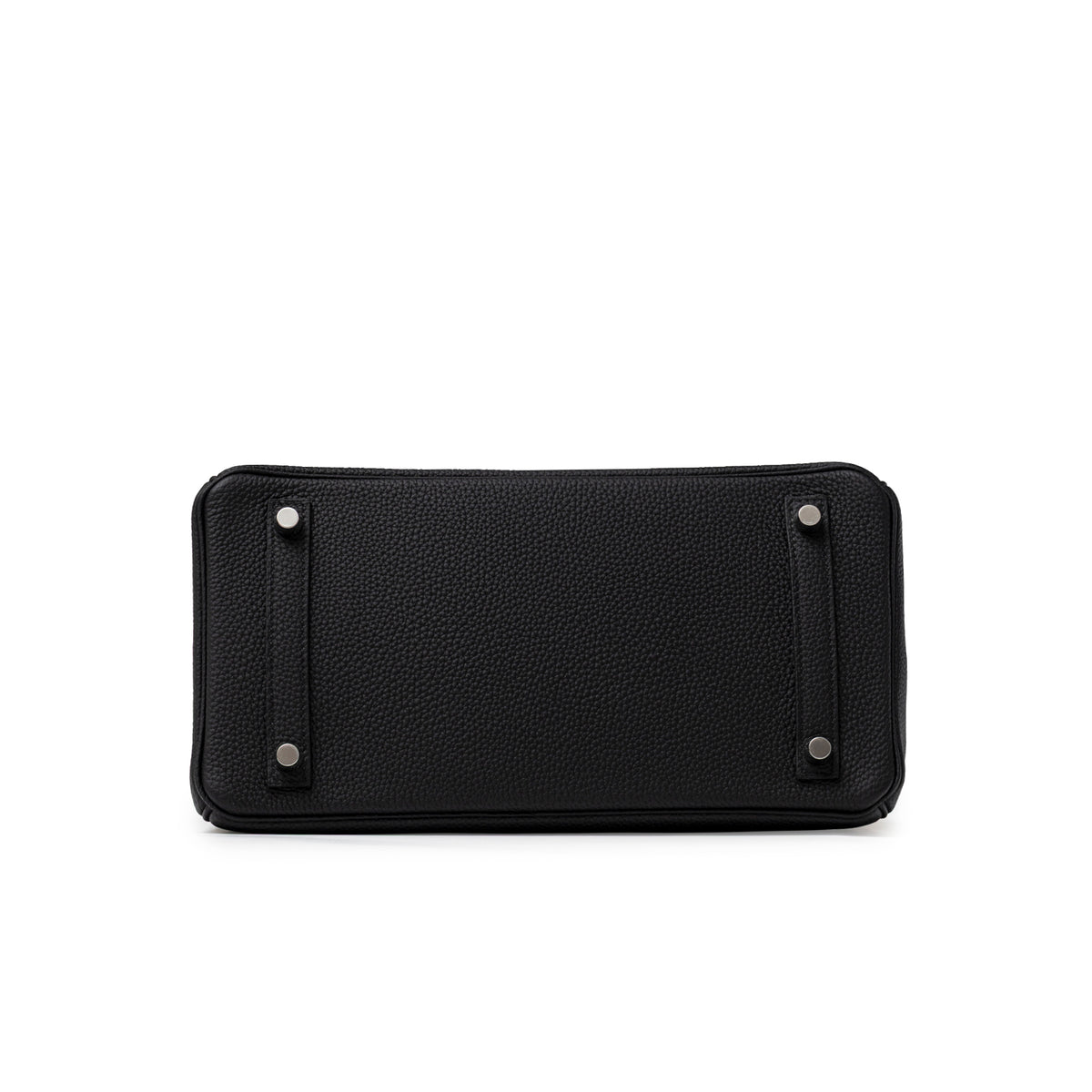 Bottom view of Hermès Birkin 30 Black Togo Palladium Hardware showing textured leather and protective studs