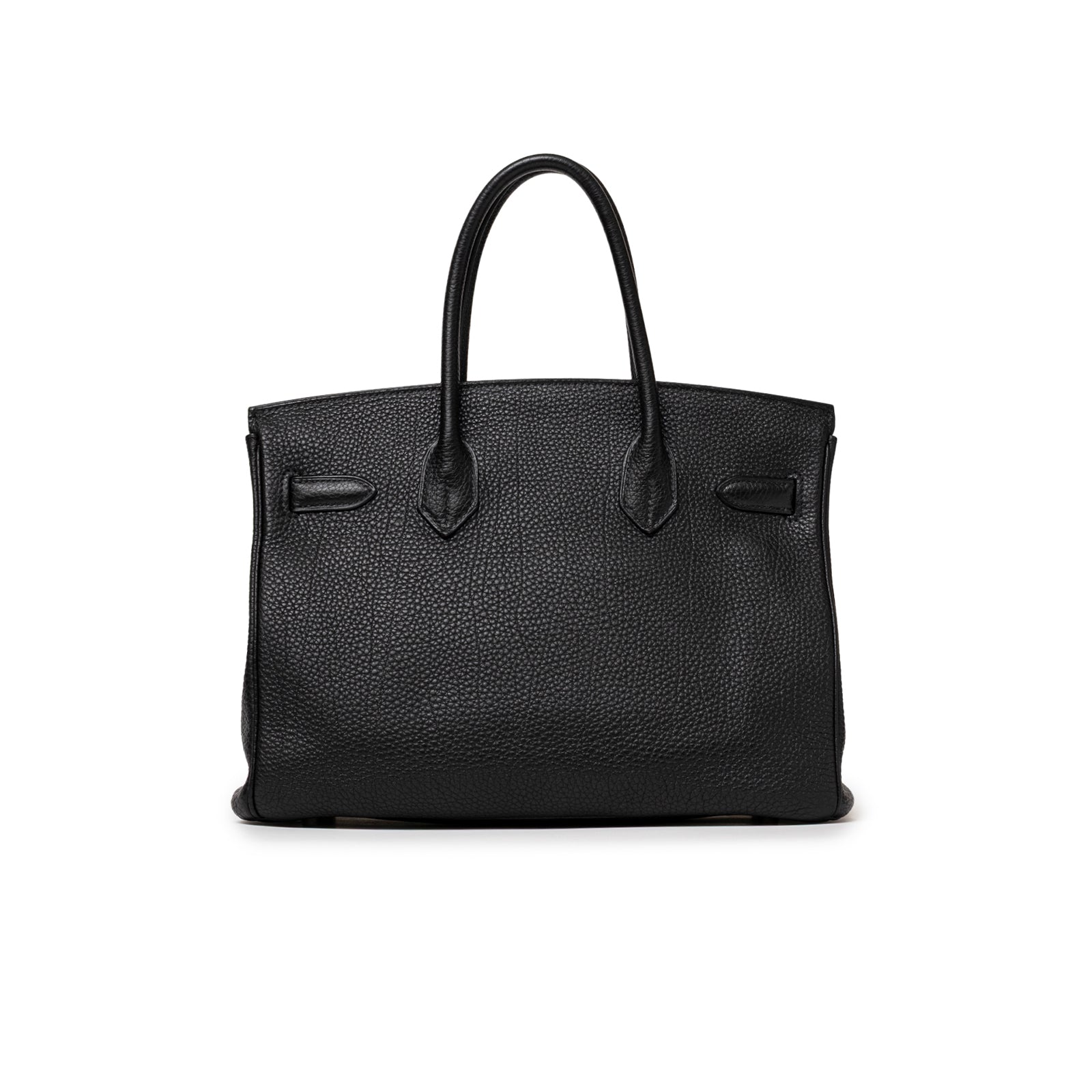 Back view of Hermès Birkin 30 Black Togo Palladium Hardware handbag with smooth leather handles and textured body.