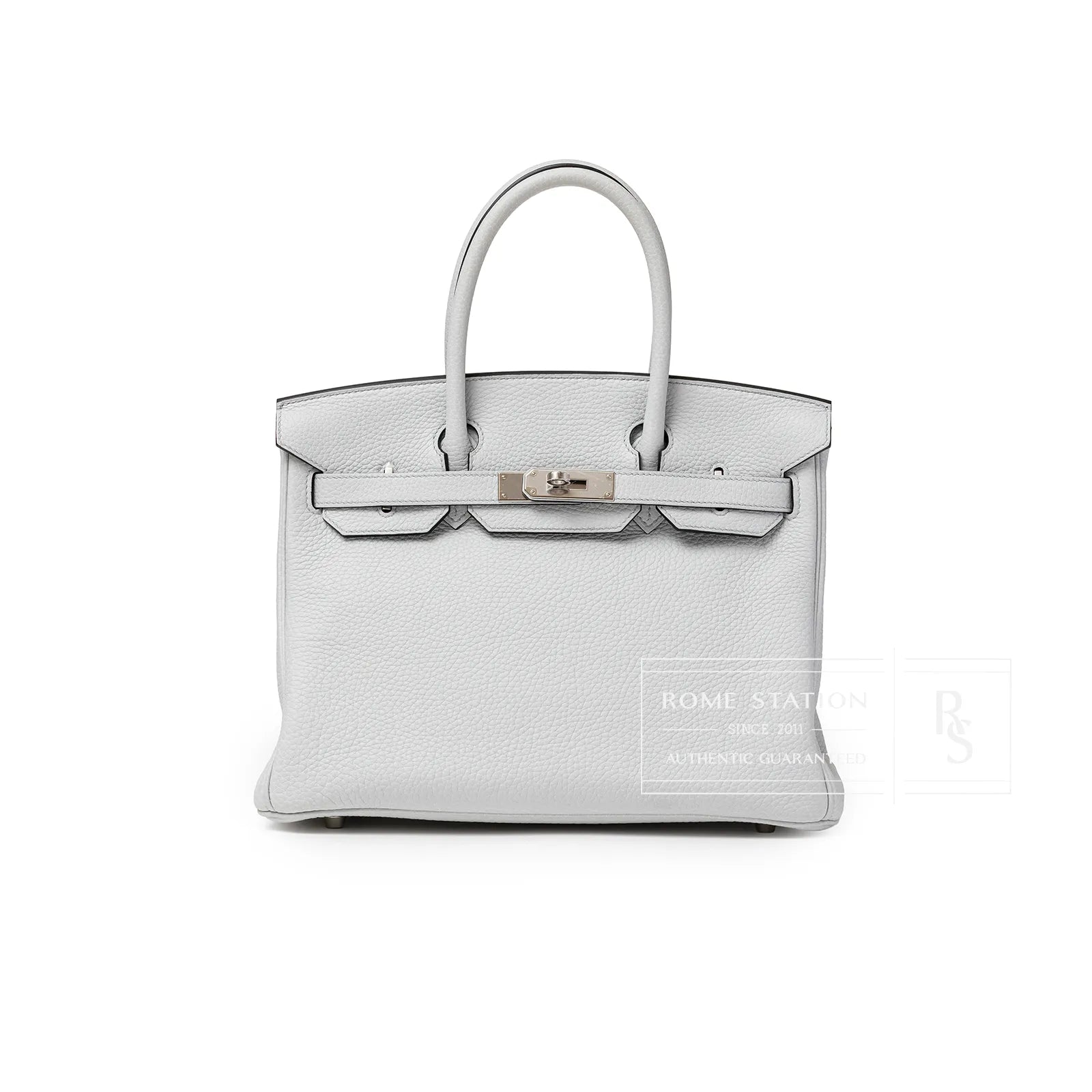 Front view of Hermès Birkin 30 in pale blue Clemence leather with palladium hardware and rolled handles