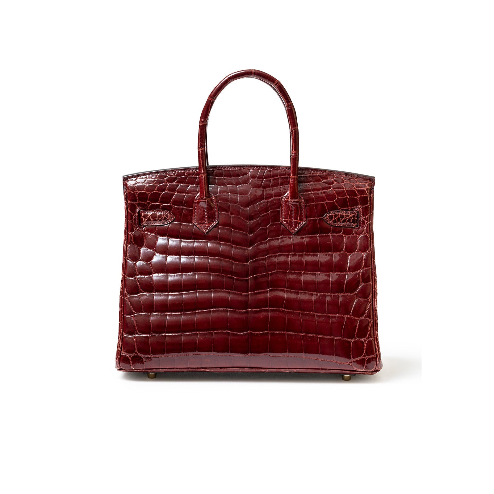 Back view of Hermès Birkin 30 in shiny burgundy Niloticus crocodile leather with structured handles