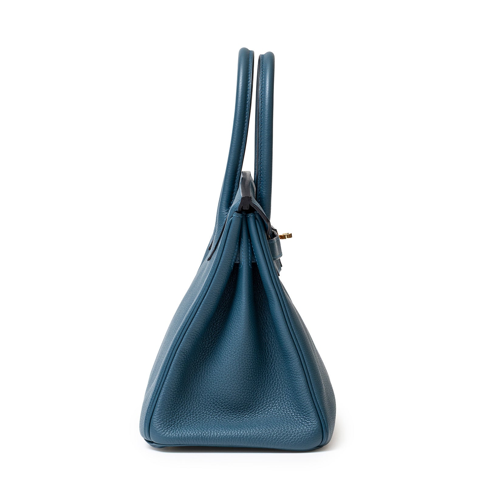 Side view of Hermès Birkin 30 Colvert Togo Gold Hardware showing shape and textured leather detail.