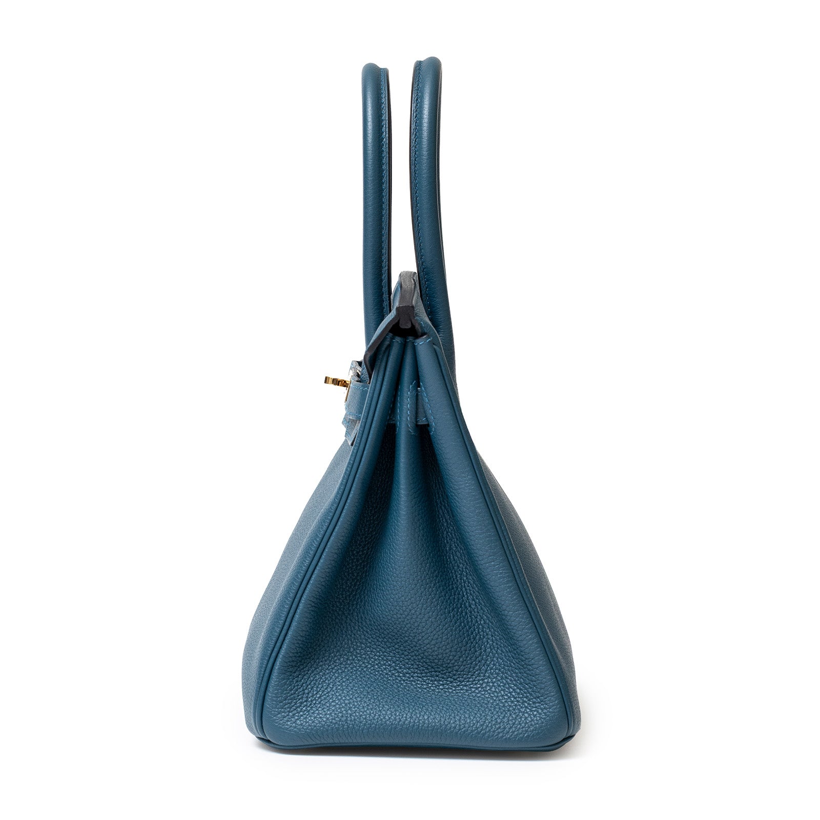 Side view of Hermès Birkin 30 Colvert Togo Gold Hardware handbag showing textured leather and handle detail.