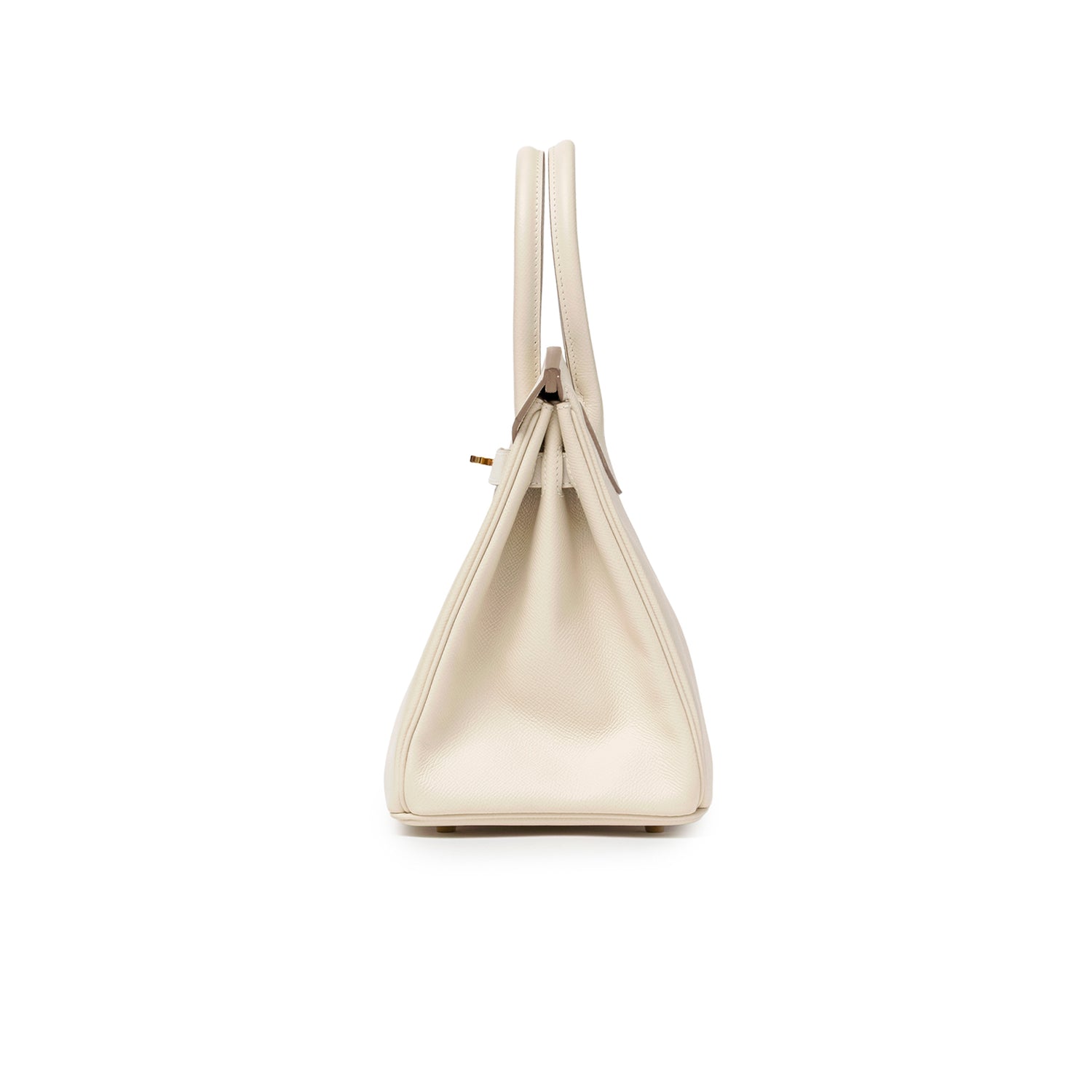 Side profile of Hermès Birkin 30 Craie Epsom Gold Hardware highlighting smooth cream leather and structured silhouette