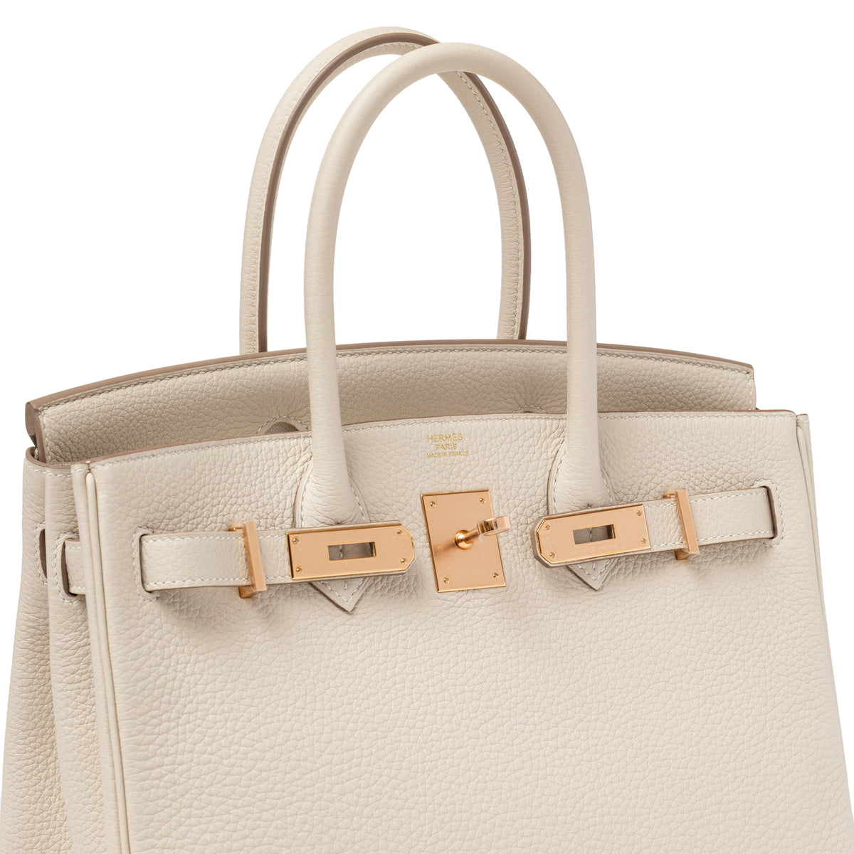 Hermès Birkin 30 Craie Togo Rose Gold Hardware front detail with handles and signature clasp