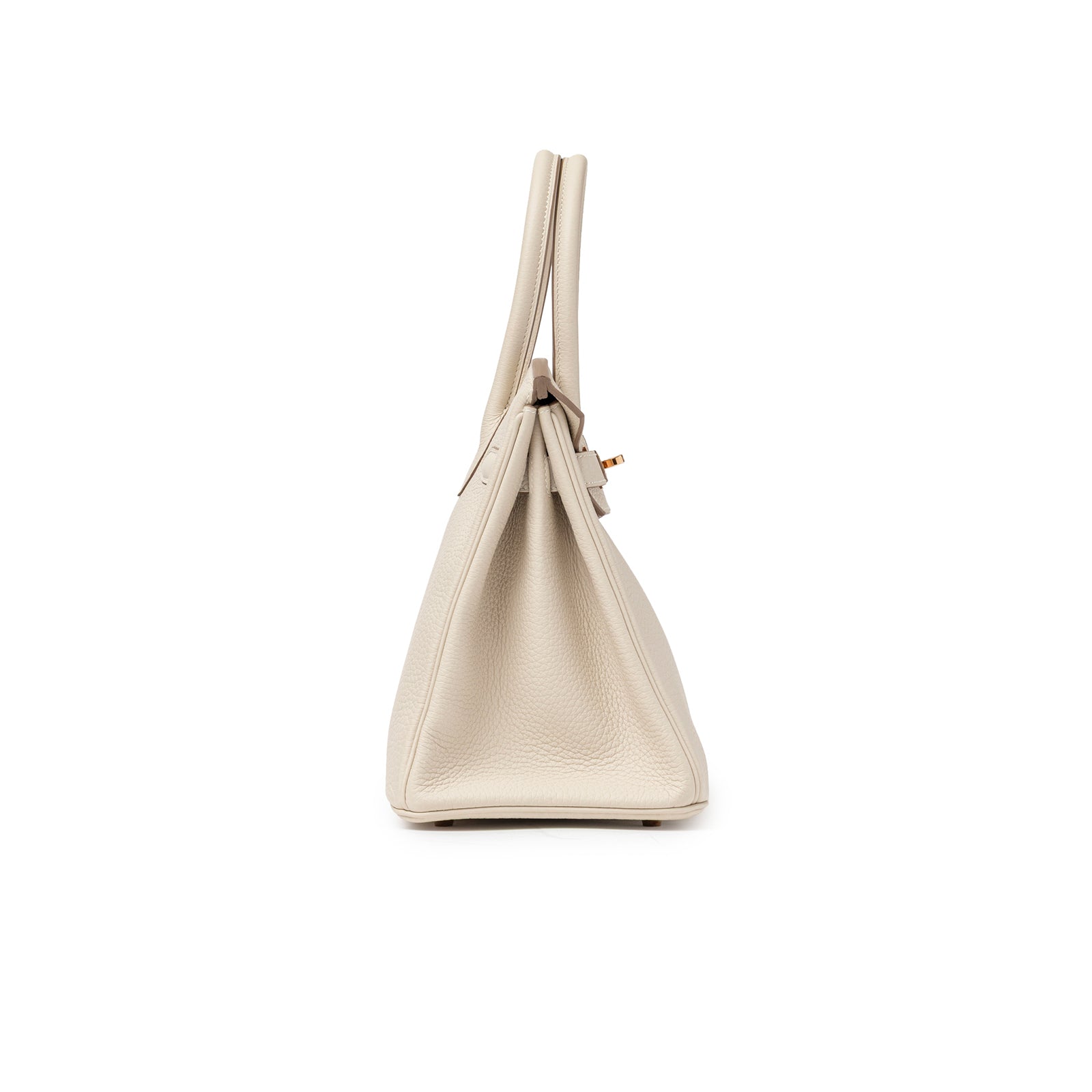 Side view of Hermès Birkin 30 Craie Togo Rose Gold Hardware in textured leather