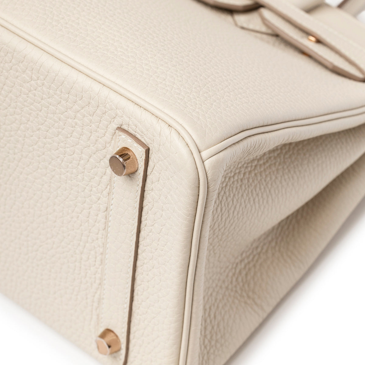 Hermès Birkin 30 Craie Togo Rose Gold Hardware close-up of textured leather and side hardware
