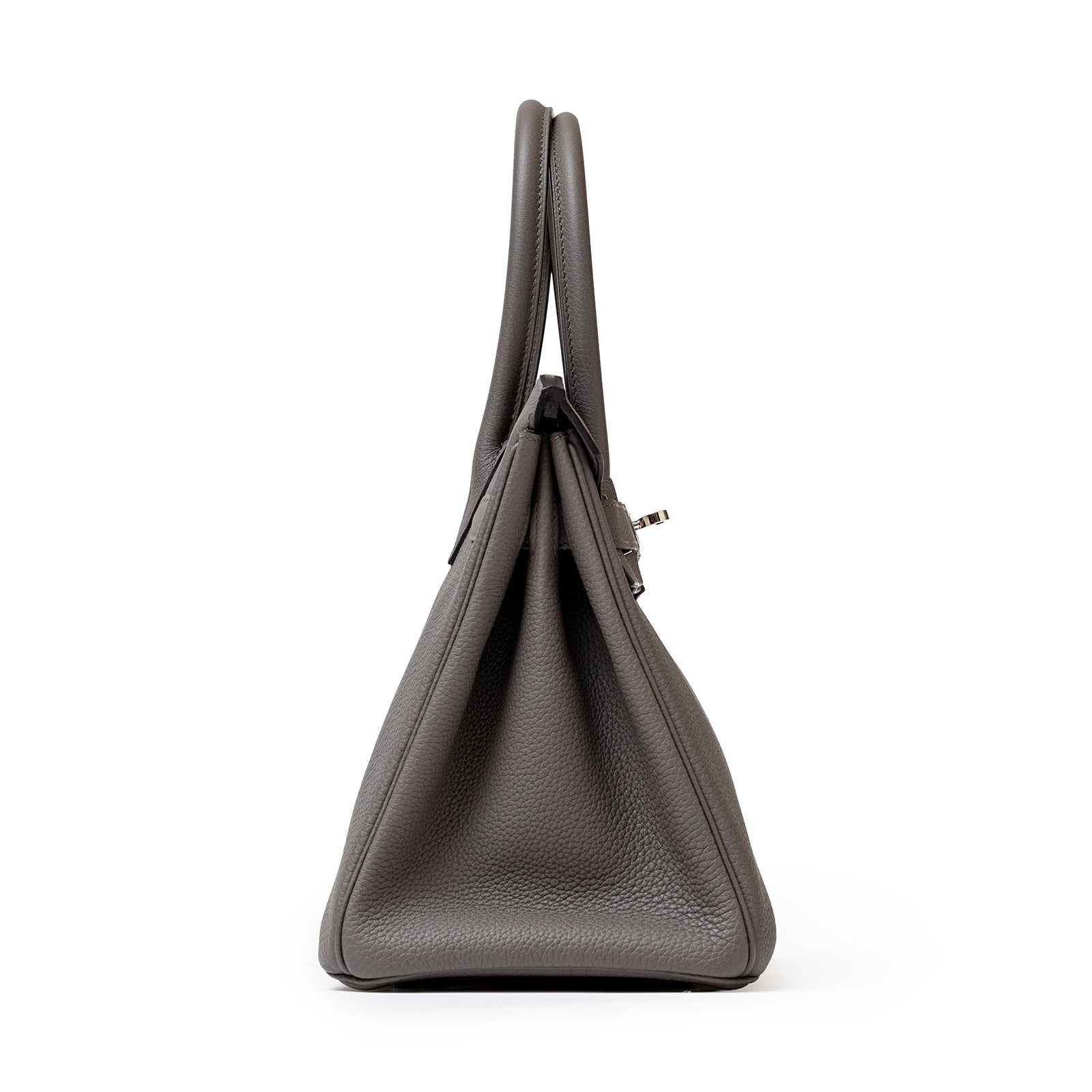 Side view of Hermès Birkin 30 Etain Togo leather handbag with palladium hardware and double handles.