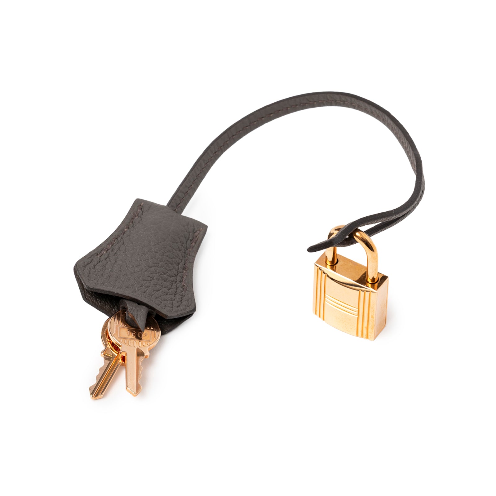 Leather-covered key holder with gold keys and matching rose gold lock for Hermès Birkin 30 Etain Togo Rose Gold Hardware handbag
