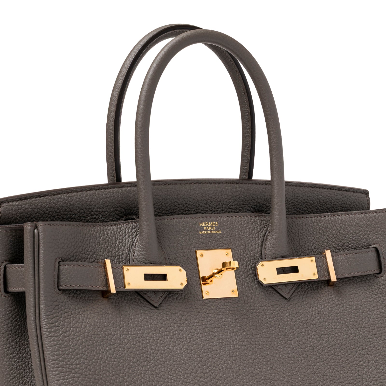 Close-up of textured leather and polished rose gold hardware showing lock and handles on Hermès Birkin 30 Etain Togo Rose Gold Hardware