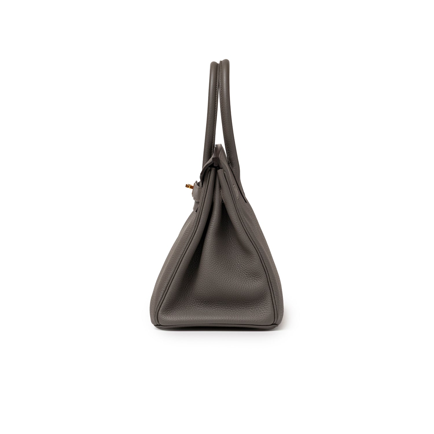 Side profile of Hermès Birkin 30 Etain Togo Rose Gold Hardware showing textured gray leather and structured handles