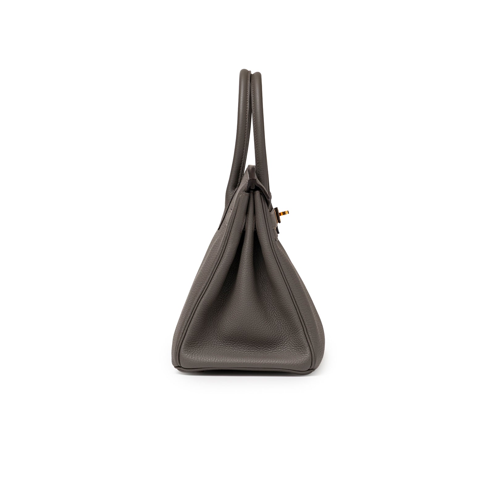 Side view showing pebble-grain texture and structured silhouette of Hermès Birkin 30 Etain Togo Rose Gold Hardware bag