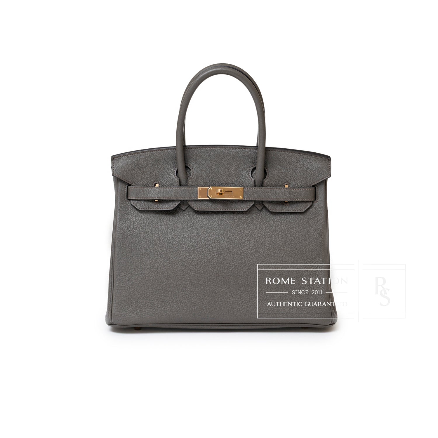 Front view of Hermès Birkin 30 Etain Togo Rose Gold Hardware showcasing textured leather and polished clasp details