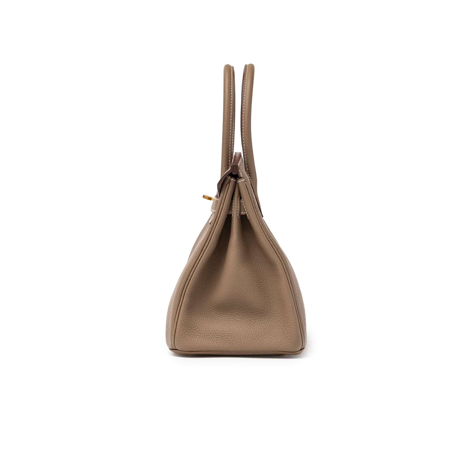 Side profile of Hermès Birkin 30 Etoupe Togo Gold Hardware handbag showing textured leather and handles upright
