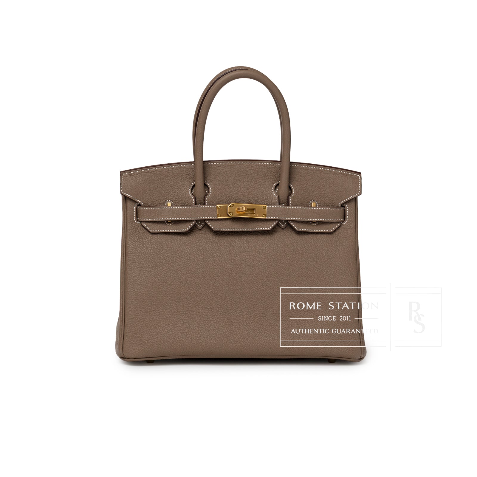 Front view of Hermès Birkin 30 Etoupe Togo Gold Hardware with dual handles and gold clasp detail visible
