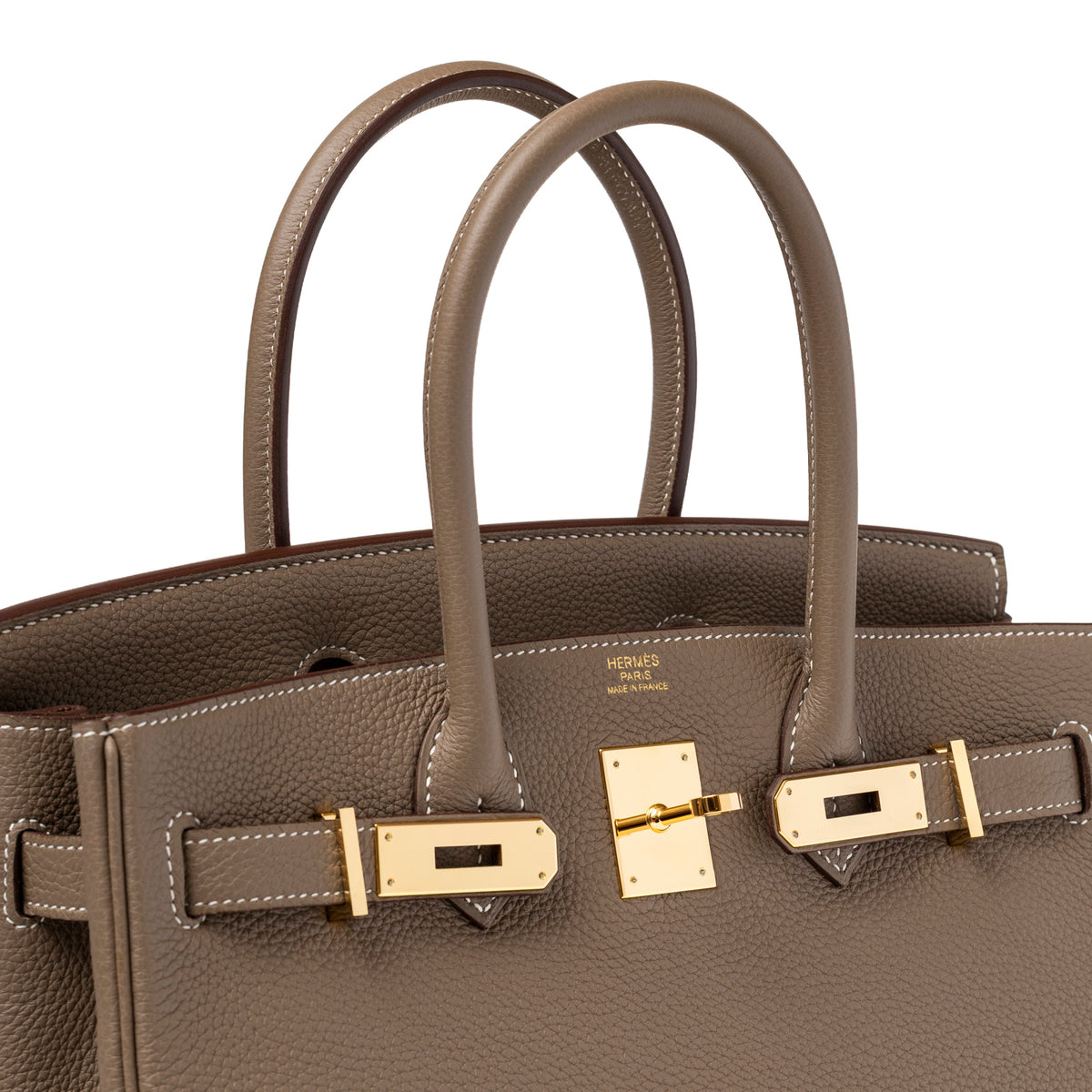 Hermès Birkin 30 Etoupe Togo Gold Hardware close-up of handles and front clasp