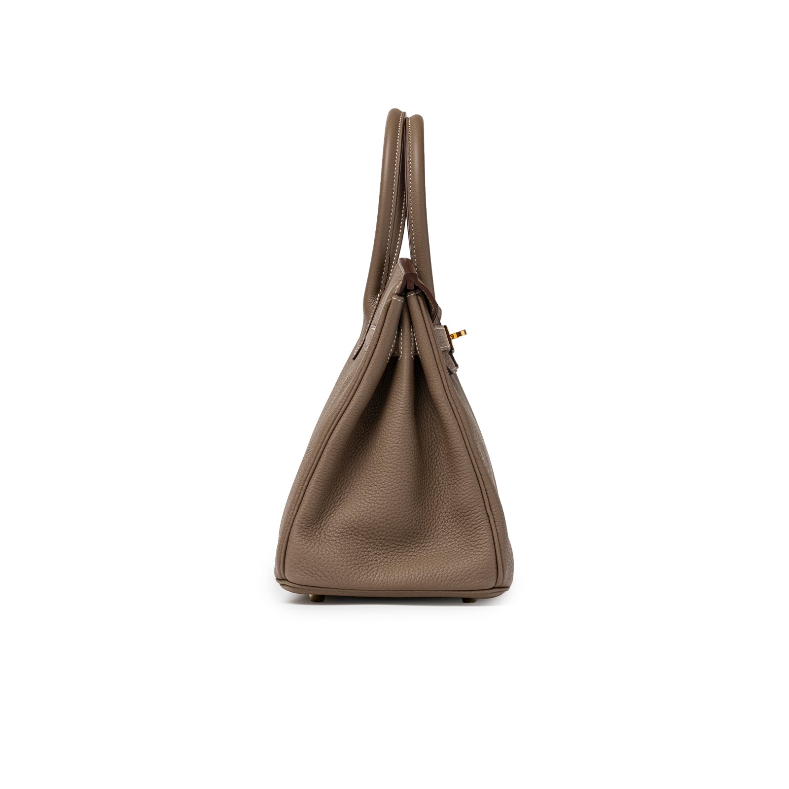 Hermès Birkin 30 Etoupe Togo Gold Hardware side profile with textured leather and structured silhouette