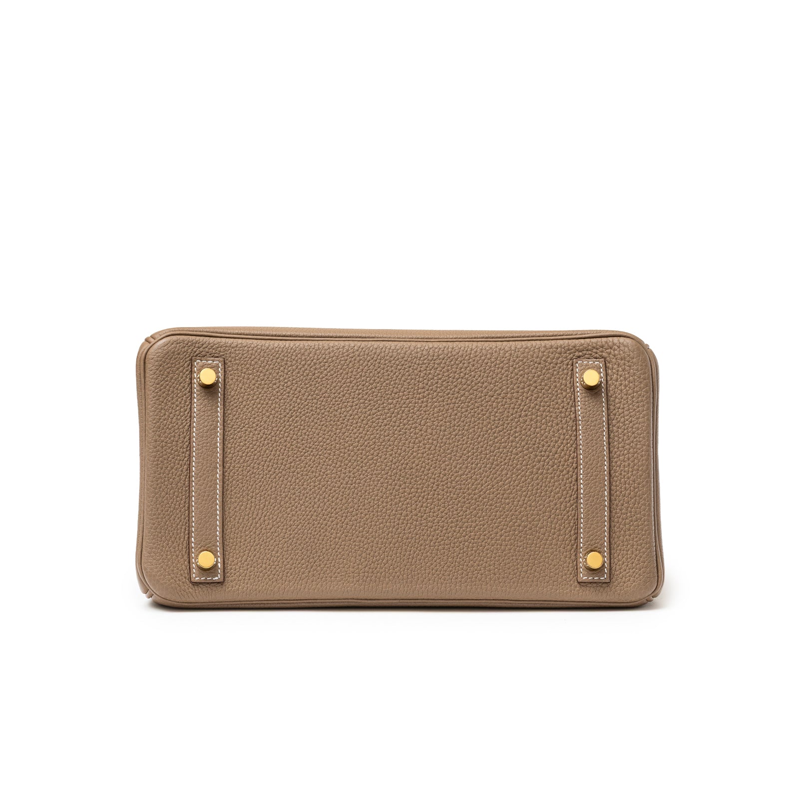 Bottom view of Hermès Birkin 30 Etoupe Togo Gold Hardware showcasing leather texture and gold feet studs.