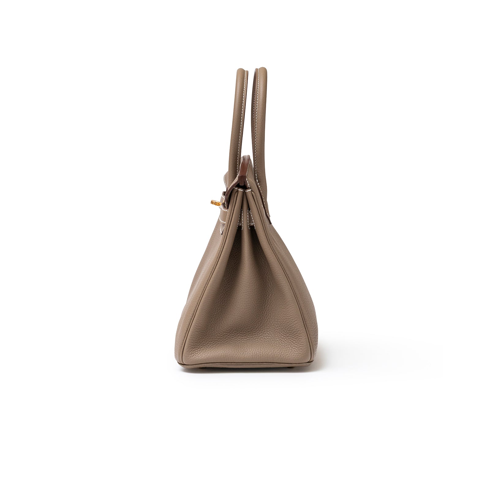 Side view of Hermès Birkin 30 Etoupe Togo Gold Hardware showing structured leather and handle details