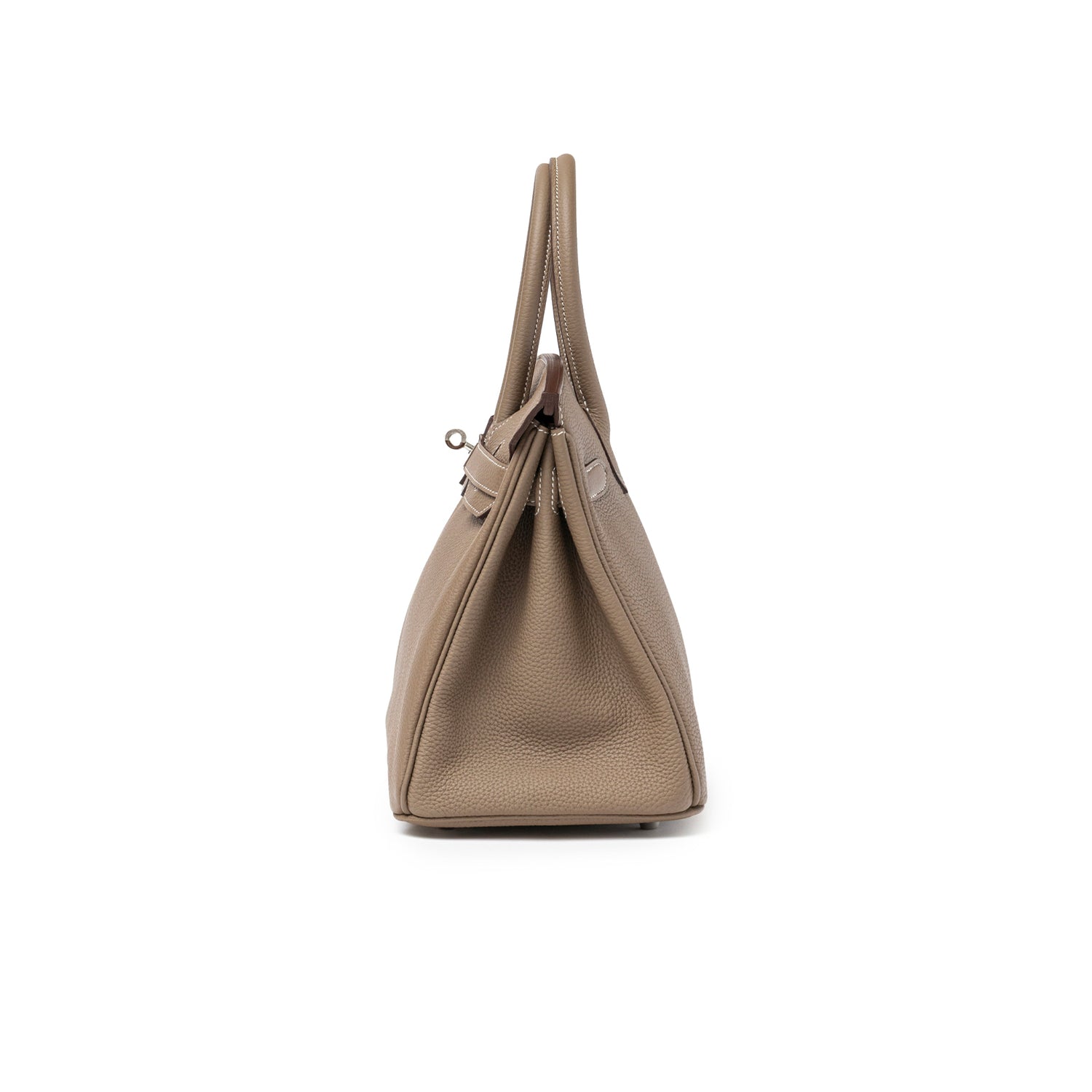 Side view of Hermès Birkin 30 Etoupe Togo Palladium Hardware with textured leather and structured handles