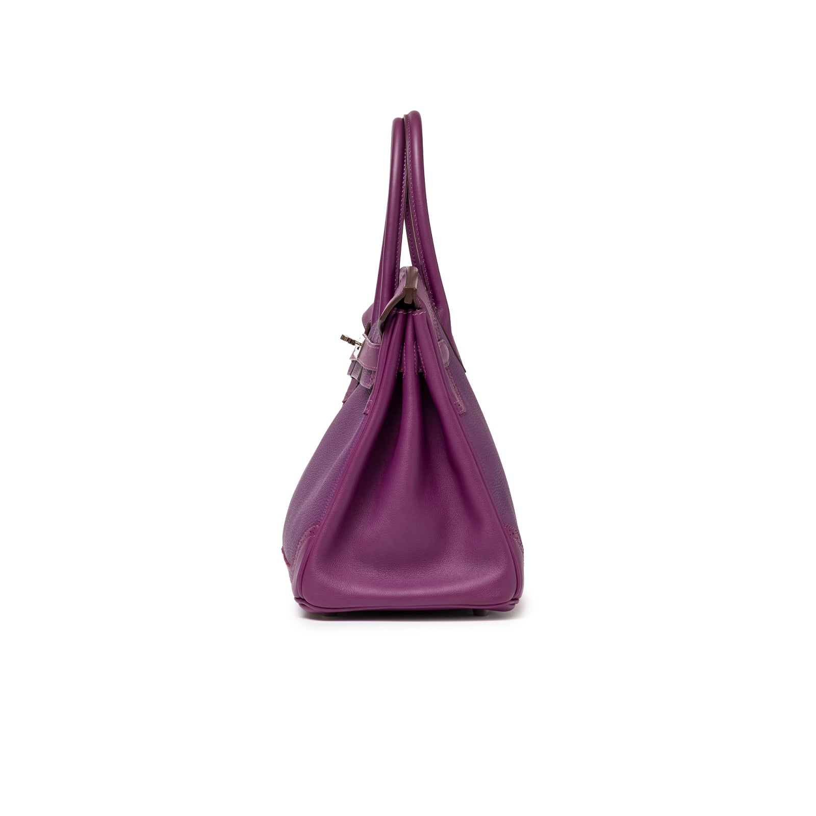 Side view of Hermès Birkin 30 Ghillies Anemone Togo Swift Palladium Hardware handbag showing smooth leather texture.